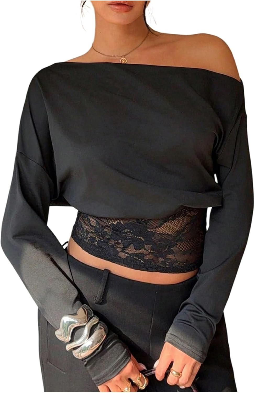 SHENHE Women's Off Shoulder Lace Tops Trim Dolman Long Sleeve Party Top | Amazon (US)
