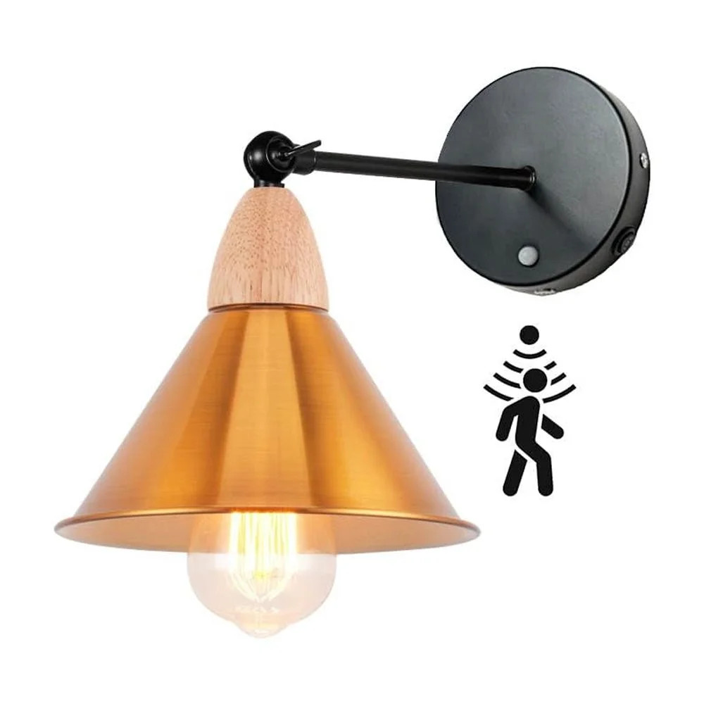 KAYYELAMP PIR Motion Sensor No Cord Battery Wall Sconce Wood Base Gold Metal Shade Wall Lamp Indu... | Walmart (US)