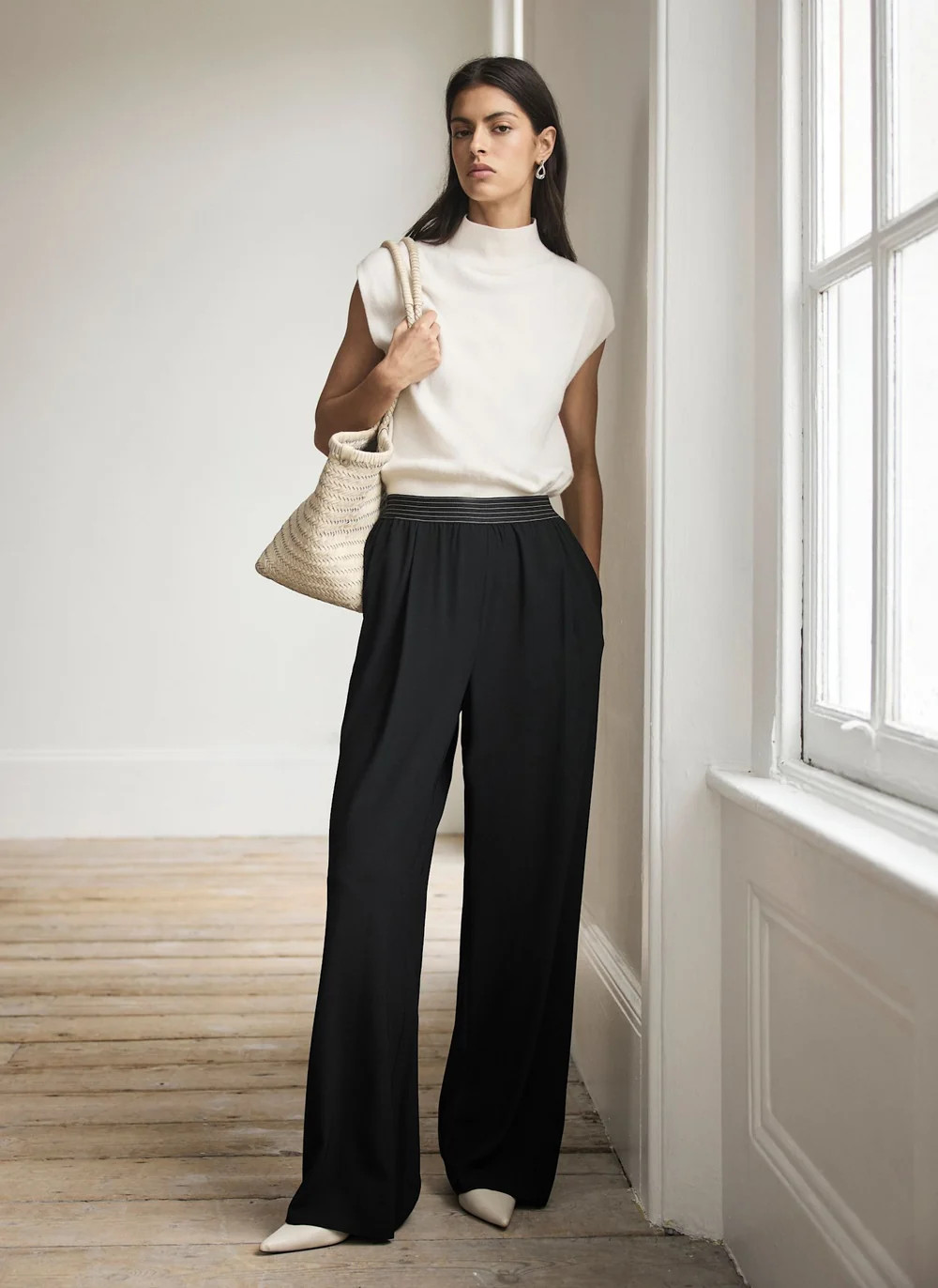 Black Wide Leg Elasticated Waistband Trousers | Mint Velvet