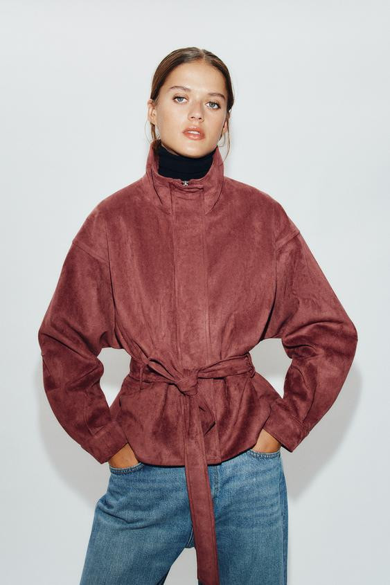 Zara - Faux Suede Jacket With Belt - Marsala - M - Woman | Zara US