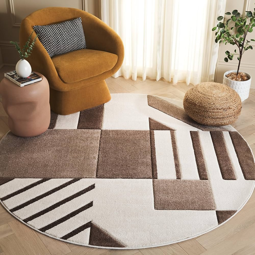SAFAVIEH Hollywood Collection Area Rug - 6'7" Round, Ivory & Brown, Modern Design, Non-Shedding &... | Amazon (US)
