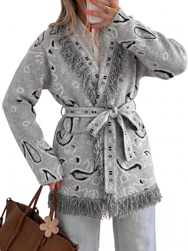 Tankaneo Womens Boho Cardigan Sweaters Floral Long Sleeve Sweater with Belt | Open Front, Aztec T... | Amazon (US)