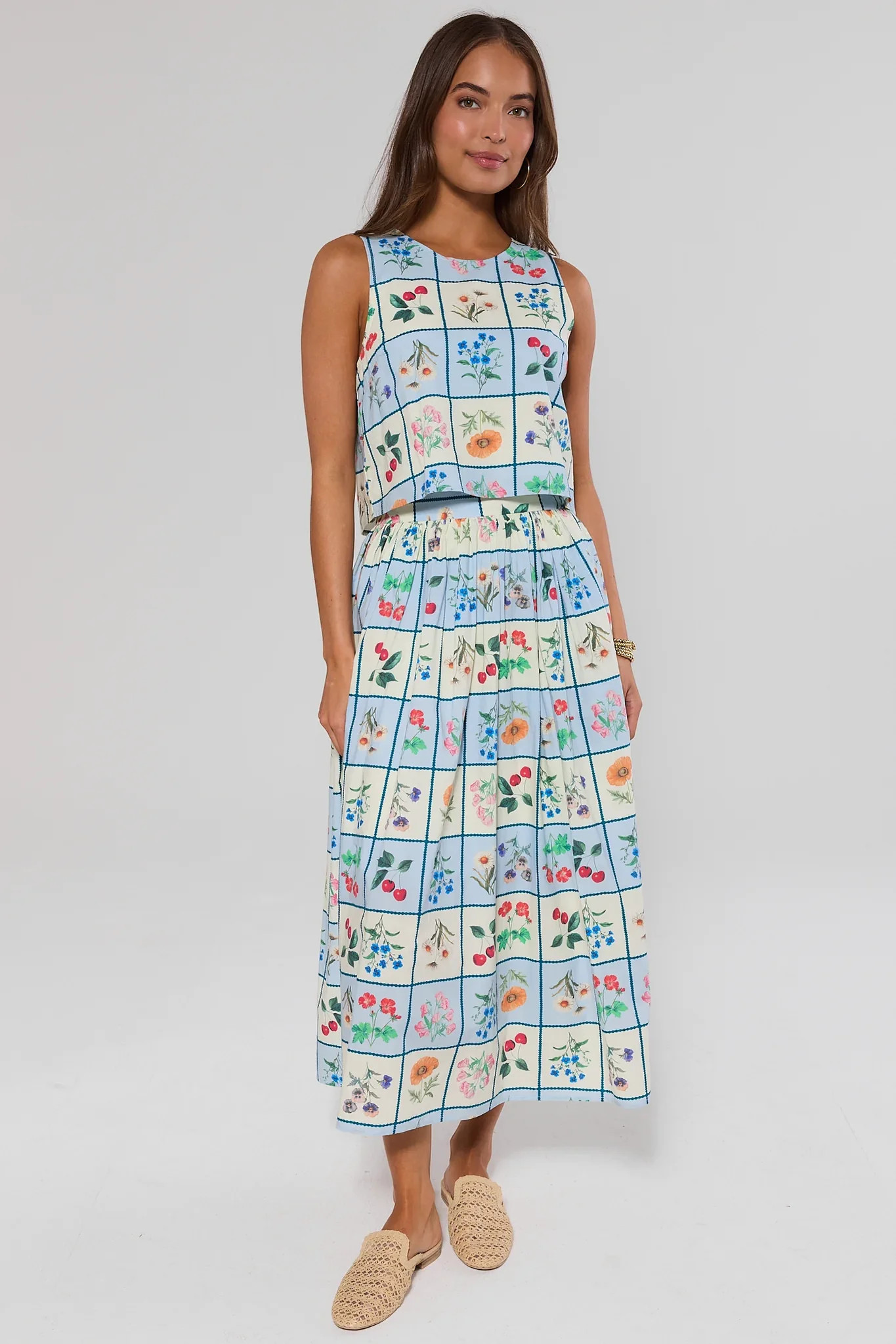 Claire Blue Checkered Floral Midi Skirt | Avara