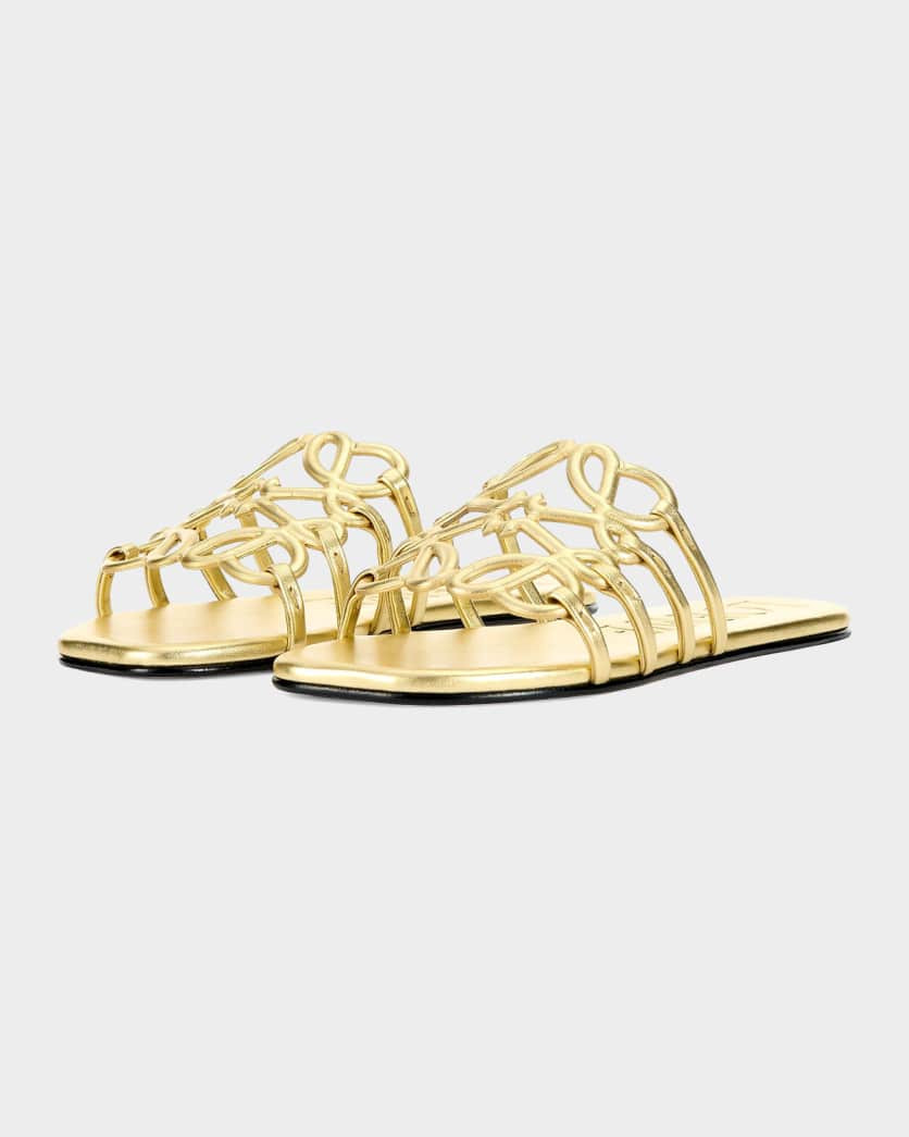 x Paula's Ibiza Petal Anagram Metallic Leather Slide Sandals | Neiman Marcus