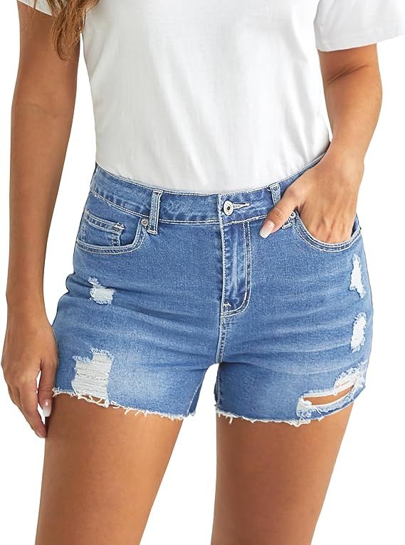 luvamia Jean Shorts for Women High Waisted Distressed Stretchy Denim Shorts Ripped Raw Hem Summer... | Amazon (US)