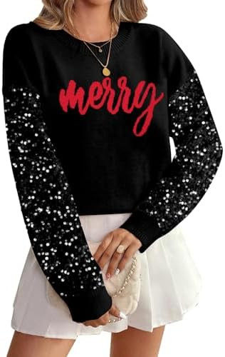 Christmas Sequin Sweater Womens Believe Christmas Sweatshirt Crewneck Long Sleeve Xmas Holiday Kn... | Amazon (US)