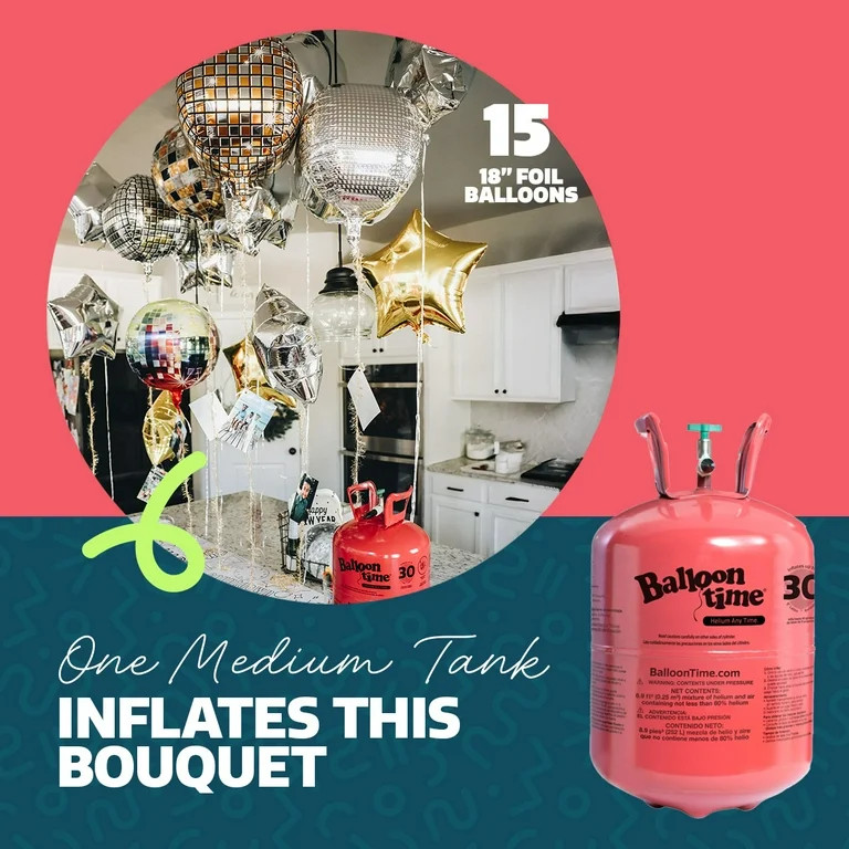 Balloon Time 9.5in Medium Helium Tank Kit with Colorful Latex Balloons, 8.9 cu ft, 30 Count | Walmart (US)