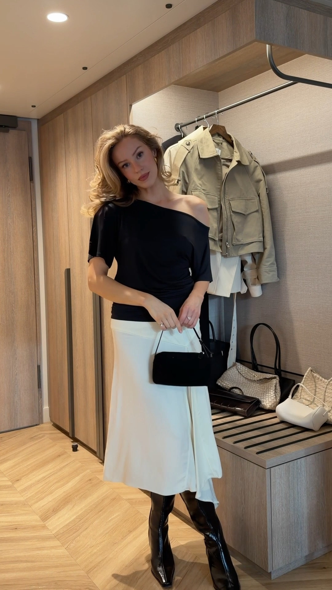 Date night outfit, evening outfit, cream midi skirt, black off the shoulder T-shirt, the row 90s bag amazon, knee high boots, Moroccan oil perfume, body glow oil

#LTKuk #LTKspring #LTKdatenight