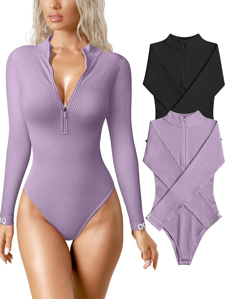 OQQ Women's 2 Piece Bodysuits Sexy Ribbed One Piece Zip Front Long Sleeve Tops Bodysuits | Amazon (US)