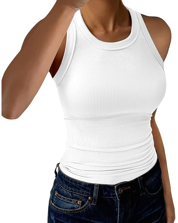 Womens Tank Tops High Neck Sleeveless Ribbed Tank Casual Basic Thick Strap Slim Fitted Racerback ... | Amazon (US)
