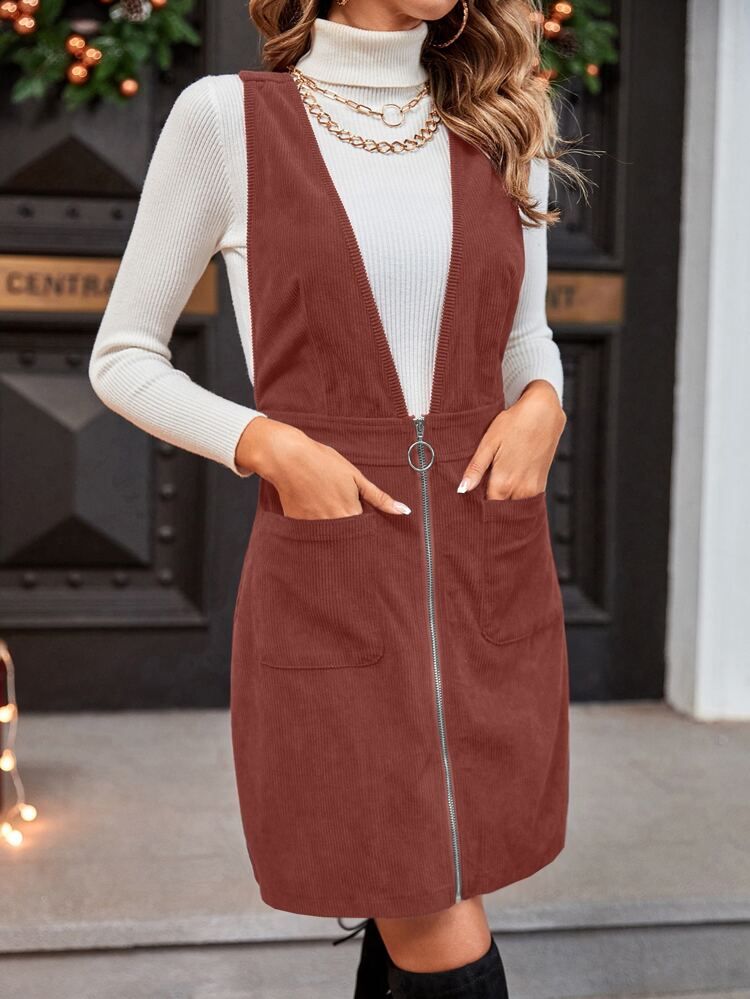Corduroy Dual Pocket O-ring Zip Overall Dress Without Sweater | SHEIN