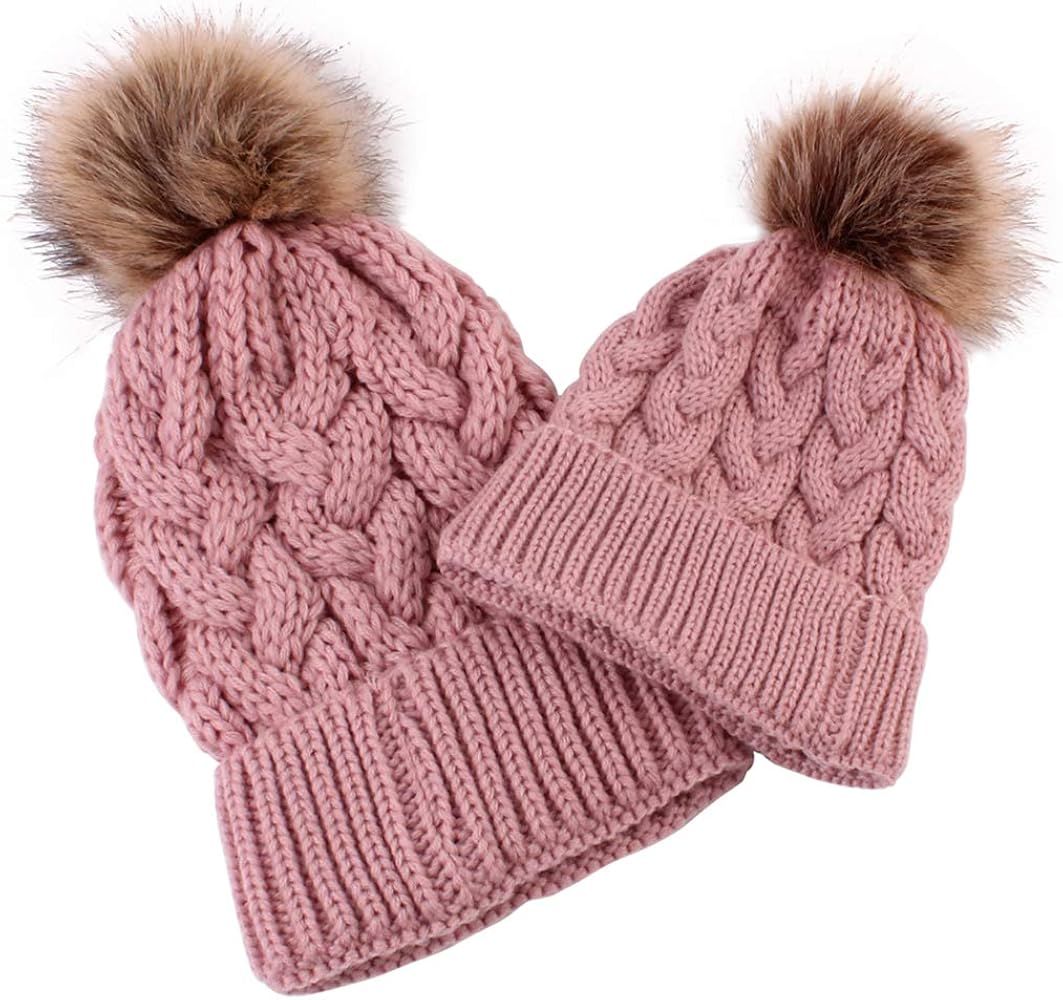 DANMY Parent-Child Beanie Hat, Women's Knitted Beanie Cap, Baby Warm Cap, Earguard Cap,Winter Hat | Amazon (US)