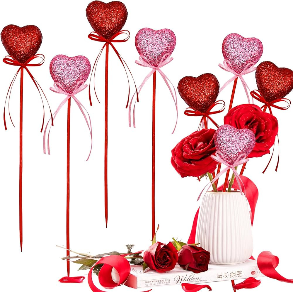 Red Valentine's Day Glitter Puffy Heart Picks Foam Sparkly Sticks for Flower Arrangements Floral ... | Amazon (US)