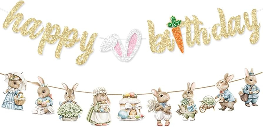 Easter Bunny Happy Birthday Decorations Banner Glitter Gold Rabbit Party Theme Banner for Spring Kids Boy Girl Baby Shower Supplies | Amazon (US)