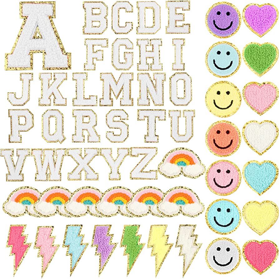 54 Pcs Self Adhesive Chenille Letters Patches Glitter Rainbow Chenille Patches Preppy Cute Sew Pa... | Amazon (US)