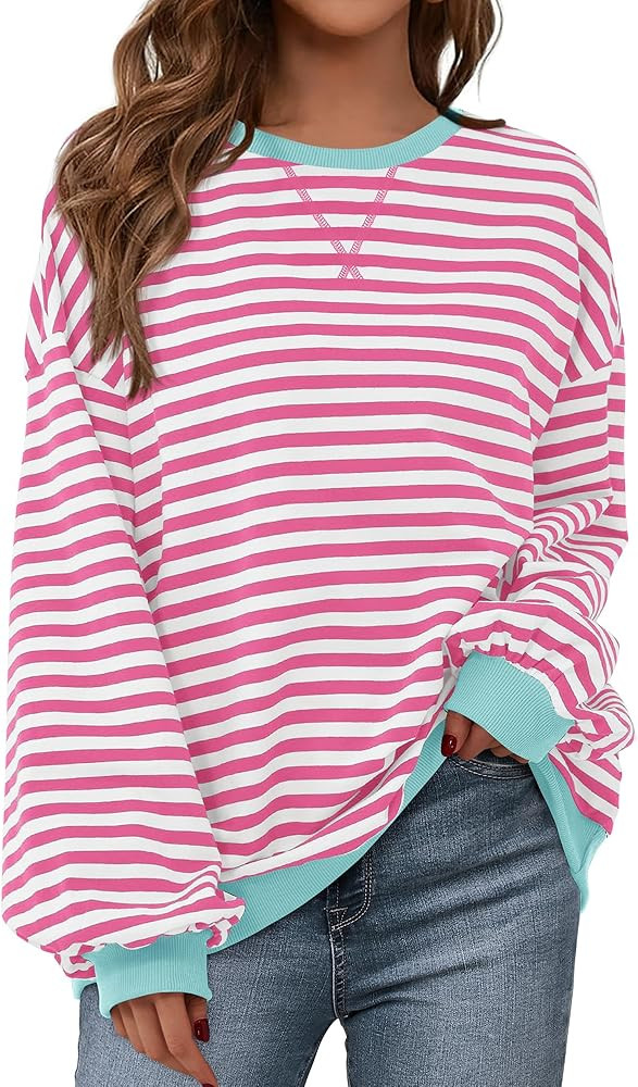 BTFBM Womens Striped Pullover Tops Fall Clothes 2025 Long Sleeve Shirts Trendy Soft Crew Neck Loo... | Amazon (US)