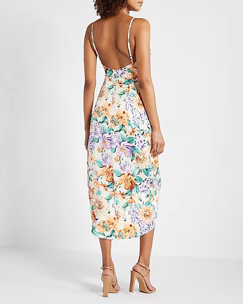 Floral Satin Twist Waist Hi-Lo Midi Dress | Express