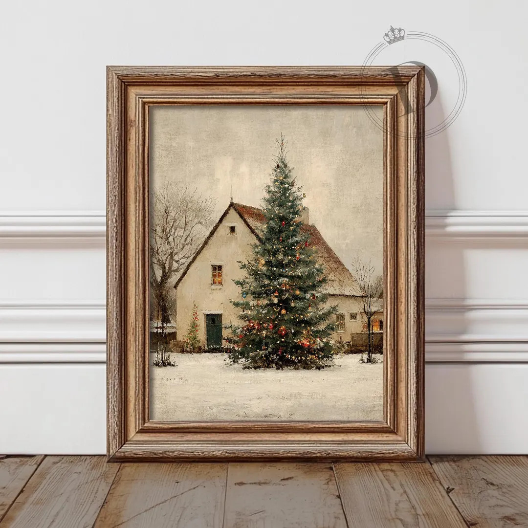 Christmas Cottage Wall Art Print, Rustic Winter Farmhouse Scene, Digital Download - Etsy | Etsy (US)