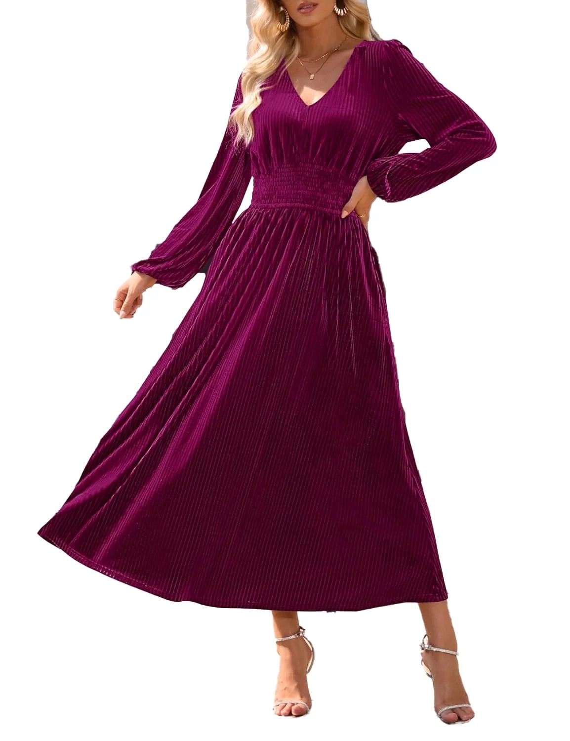 YOGAFOX Women's Fall V Neck Velvet Long Sleeve Casual Party Midi Dress Plum L | Walmart (US)
