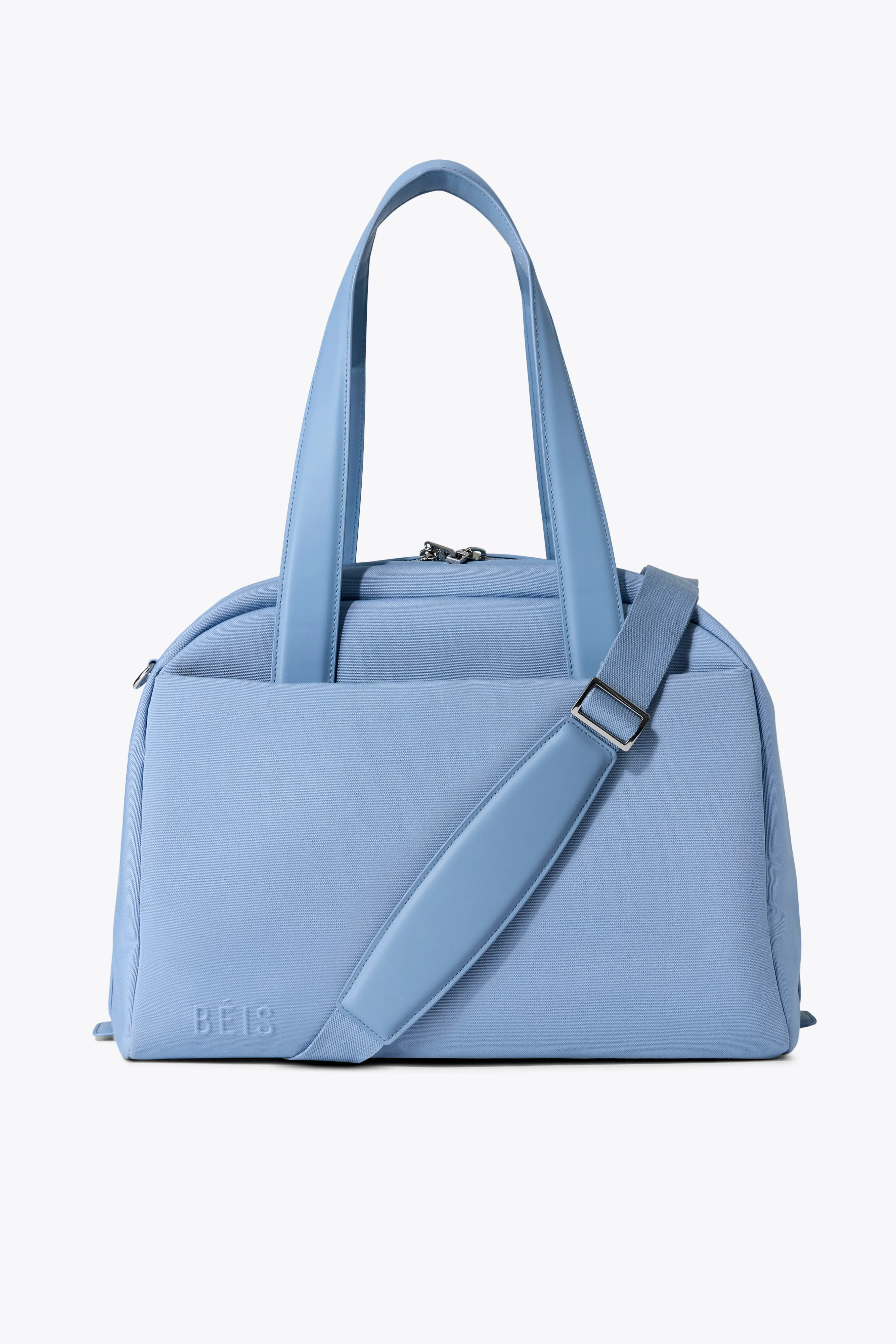 BÉIS ‘The Duffle’ in Dusty Blue - Leather Trim Travel Duffle Bag | BEIS