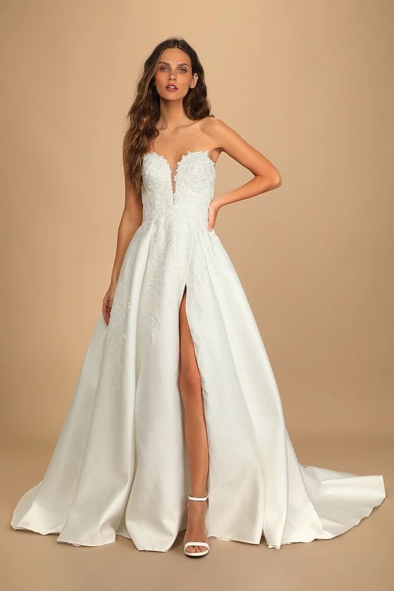 Now and Always White Beaded Embroidered Strapless Gown | Lulus (US)