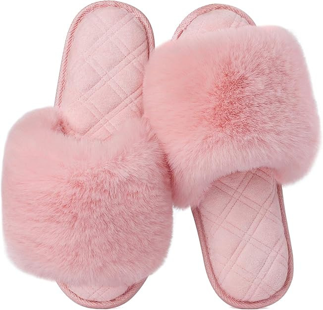 LongBay Women's Fuzzy Faux Fur Memroy Foam Flat Spa Slide Slippers Open Toe House Shoes Sandals | Amazon (US)