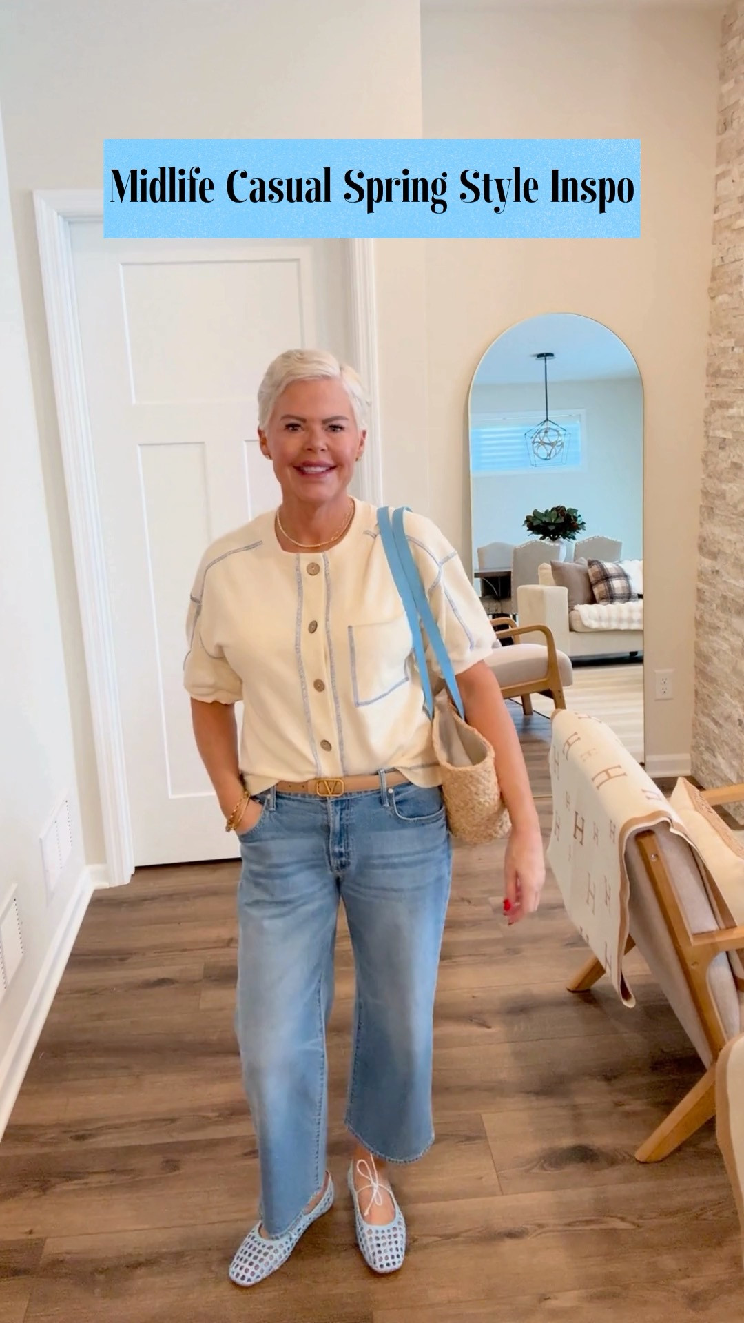 Midlife Chic Casual Spring Style Inspo. I'm wearing cropped mother denim in this great light color (size 27), with Amazon pieces including a soft cotton sweatshirt cardigan with blue piping (size small), modern woven flats from that are so cute & comfortable, a Cavalli rattan & blue handbag and a Valentino inspired belt. This outfit is perfect for running errands, meetings friends for a casual lunch, school functions, etc. 

 #LTKgrwm #LTKootd #LTKOver40