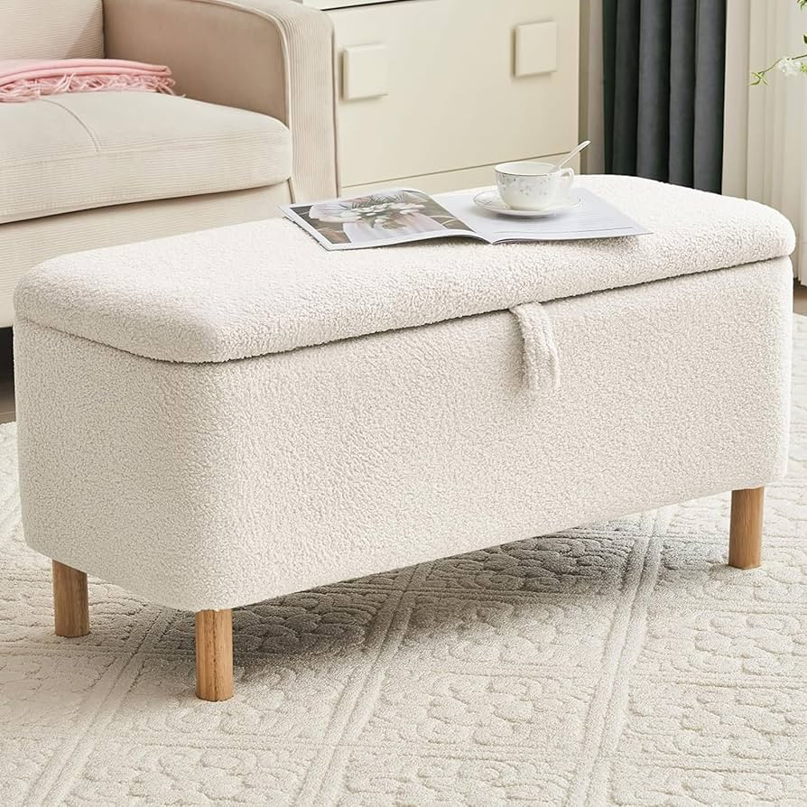 Boucle Storage Ottoman Bench for Bedroom end of Bed, Sherpa Upholstered Shoe Seat Storage Beach f... | Amazon (US)