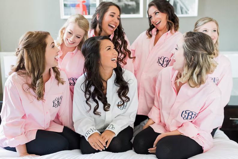 Set of 10 Bridesmaid Button Down Shirt Bride Oxford Getting Ready Gift Oversized Monogram Button ... | Etsy (US)