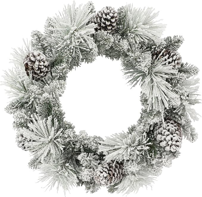 24 in Flocked Berkshire Spruce Wreath, 56 Tips, Pine Cones | Amazon (US)