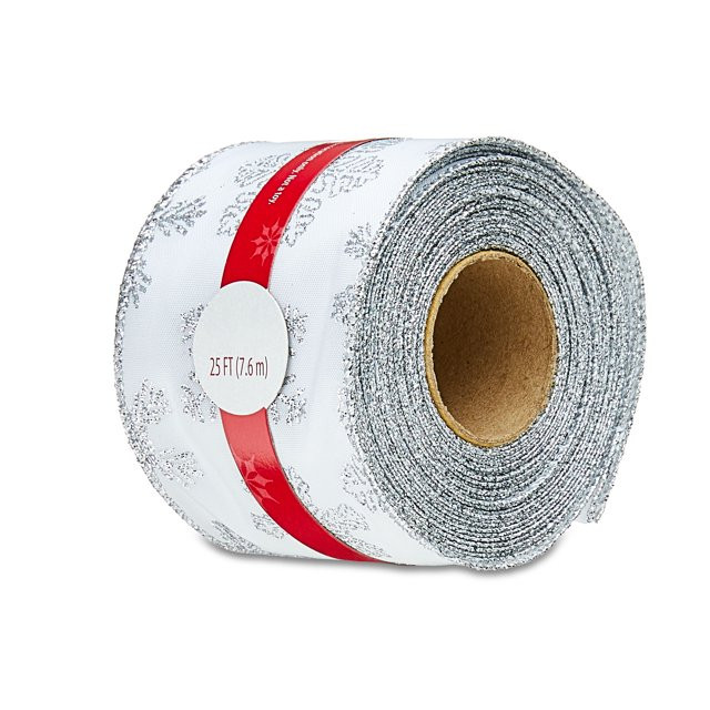 White Satin with Silver Glitter Snowflakes Christmas Ribbon, 25', by Holiday Time | Walmart (US)