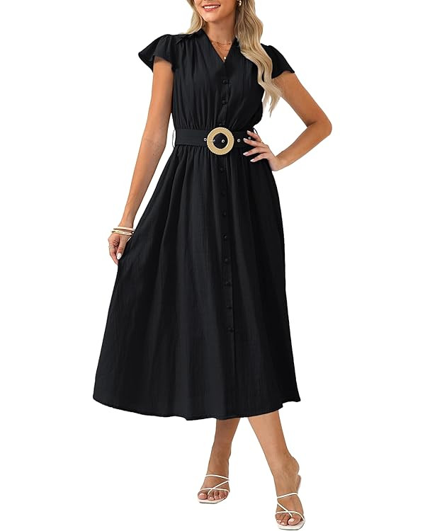 GRACE KARIN Women's Short Sleeve V Neck Dress,Casual Summer Dress,Flowy A Line Maxi Dresses Black... | Amazon (US)
