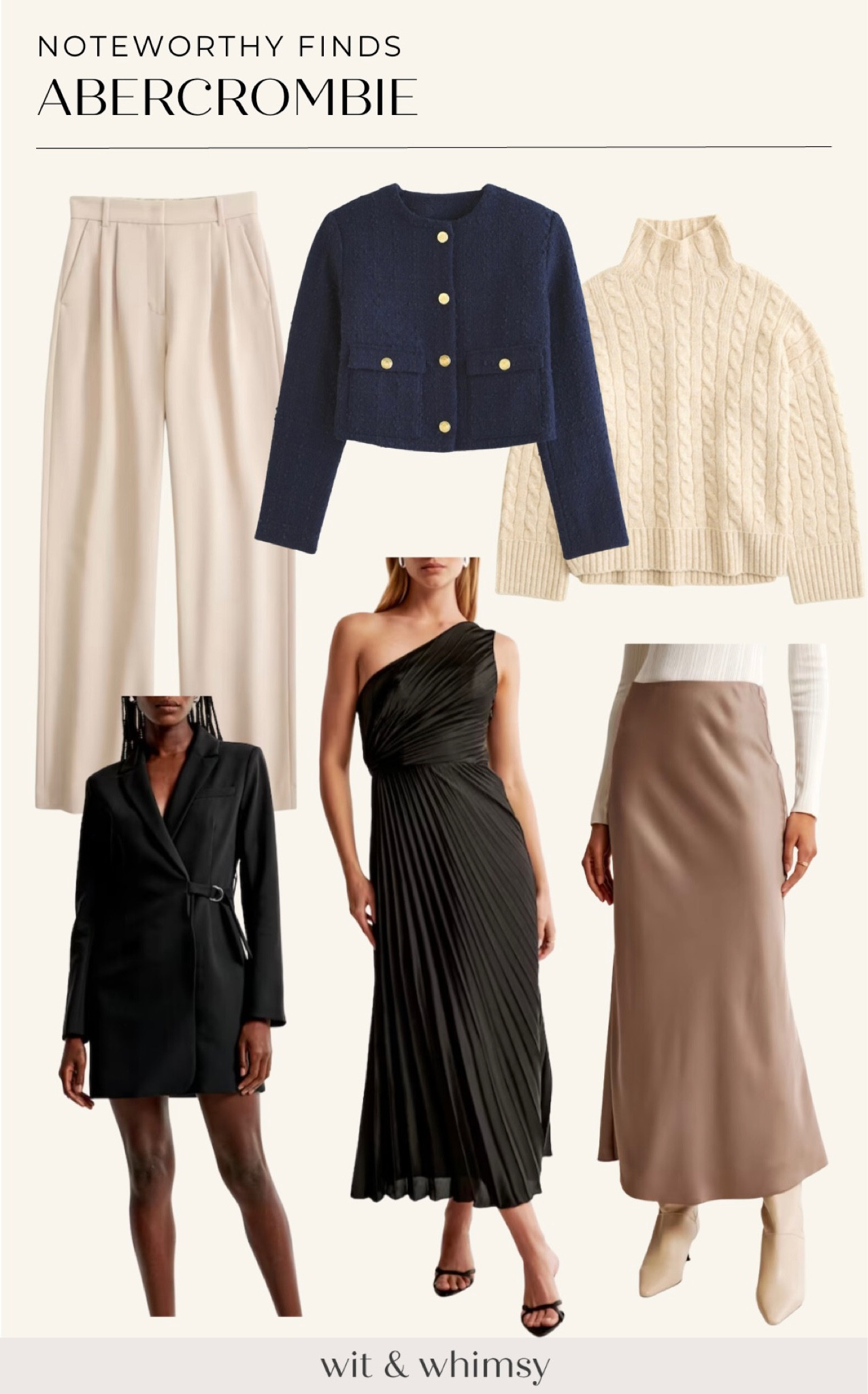 Noteworthy fashion finds from Abercrombie:
Wide leg trousers 
Lady jacket 
Oversized sweater
Blazer dress
Wedding guest dress
Satin maxi skirt 

#LTKSeasonal