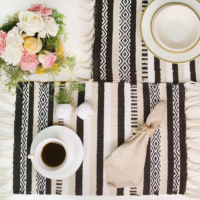 Black, Cream, White Boho Placemats (Set of 4) | Cotton Farmhouse Placemats 13x19 Inches| Machine ... | Amazon (US)