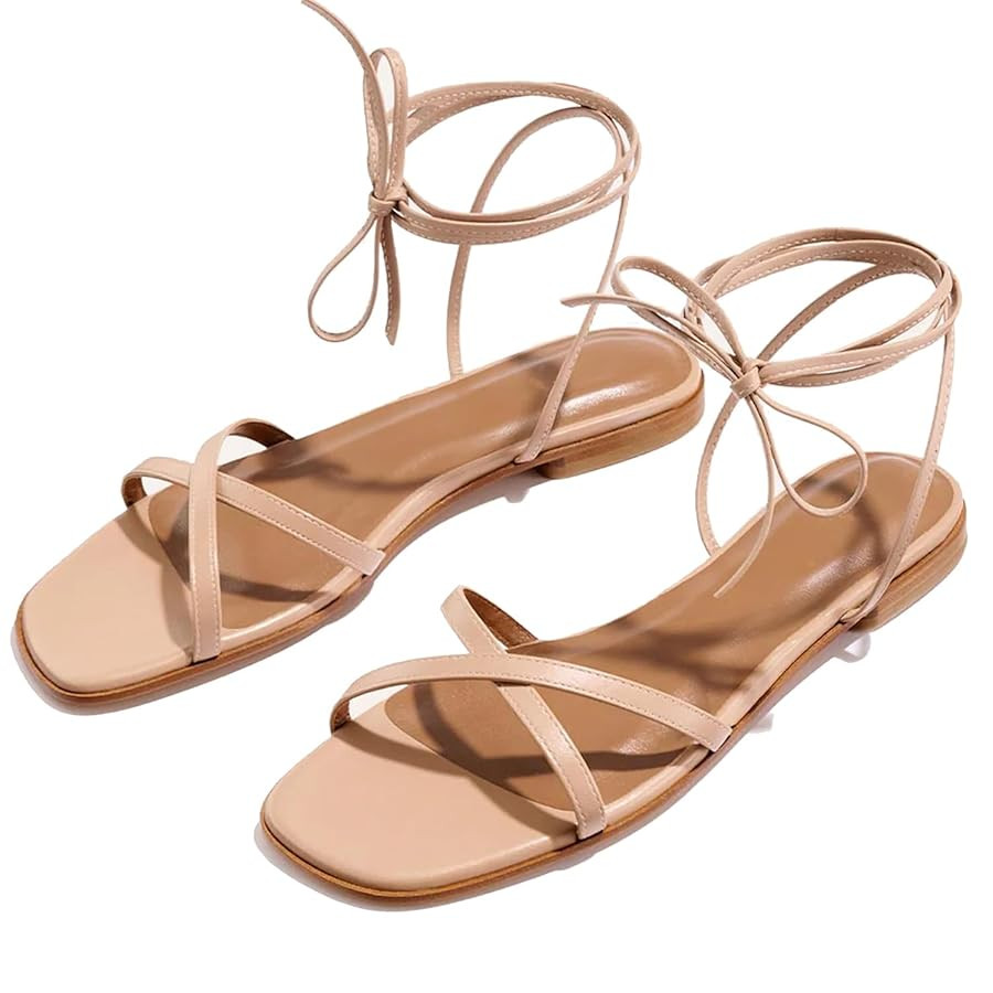 Strappy Flats Sandals for Women Comfortable Square Toe Lace Up Slides Beach Gladiator Wrap Sandal... | Amazon (US)