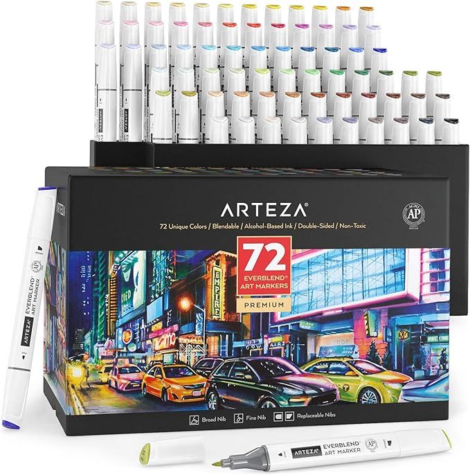 ARTEZA Art Alcohol Markers Set of 72 Colors, EverBlend Dual Tip Markers with Organizer Box, Fine ... | Amazon (US)