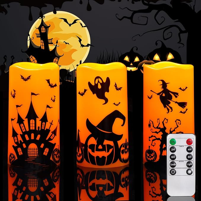 Homemory Halloween Waterproof Flameless LED Pillar Candle with Timer Remote | Amazon (US)