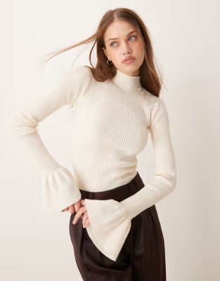 The Frolic ribbed pearl detail flare sleeve jumper in cream | ASOS (Global)