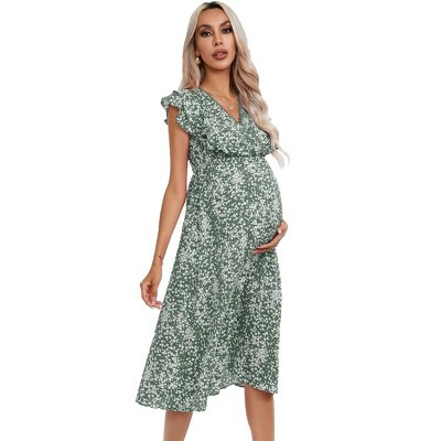 Women's Maternity Wrap V Neck Maternity Dress Summer Ruffle Sleeve High Waisted Floral Flowy Maxi Dress for Baby Shower And Photoshoot Green XL | Target