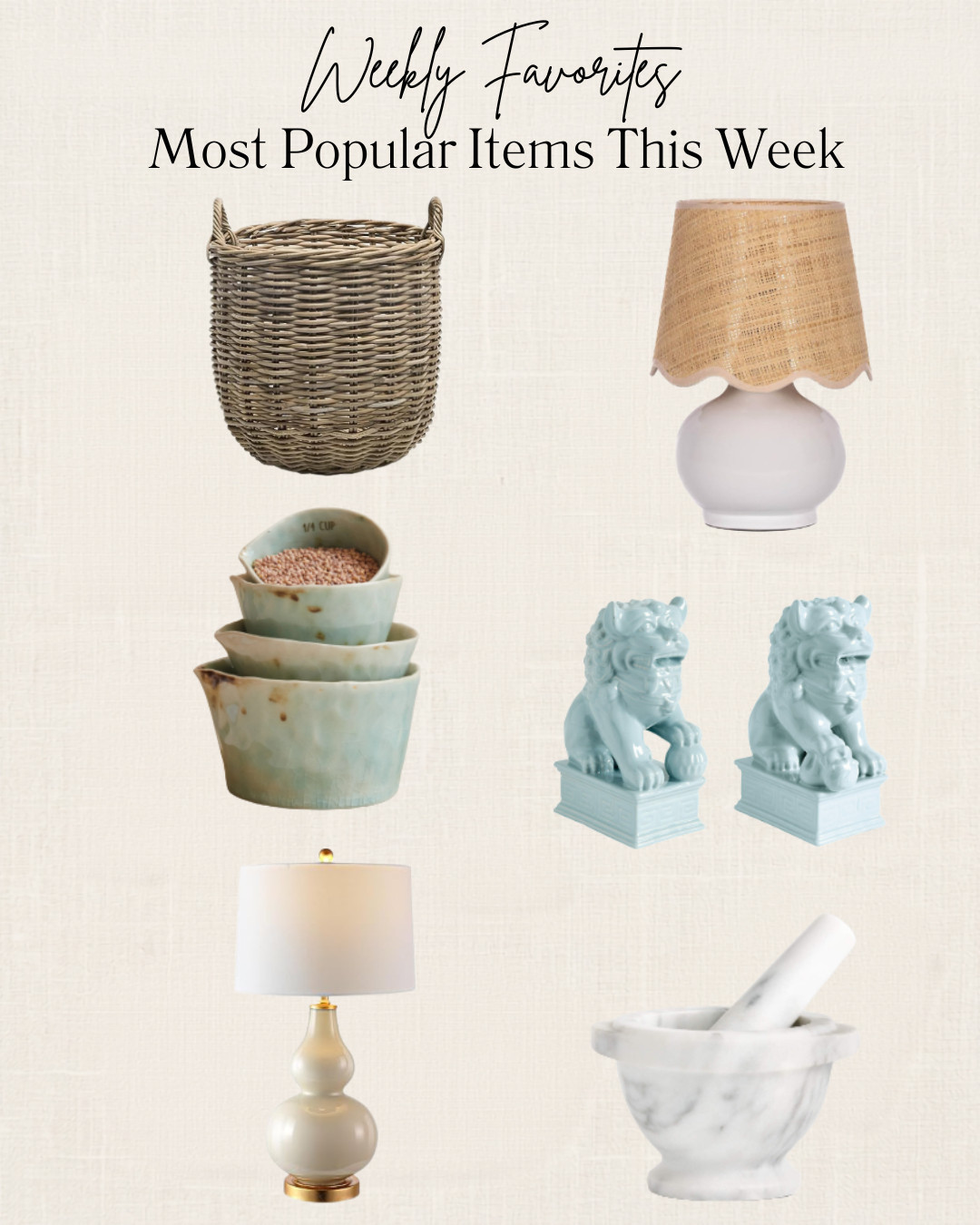 Most popular Items for the week!  This week we have a woven storage basket (great for living room blankets), two different lamps, a set of nesting measuring cups (great gift), a marble mortar and pedestal (also great gift), and a set of foo dogs (perfect for living room decor)!

#weeklyfavorites #weeklyfaves #decorideas #hostessgifts #giftideas

#LTKHome