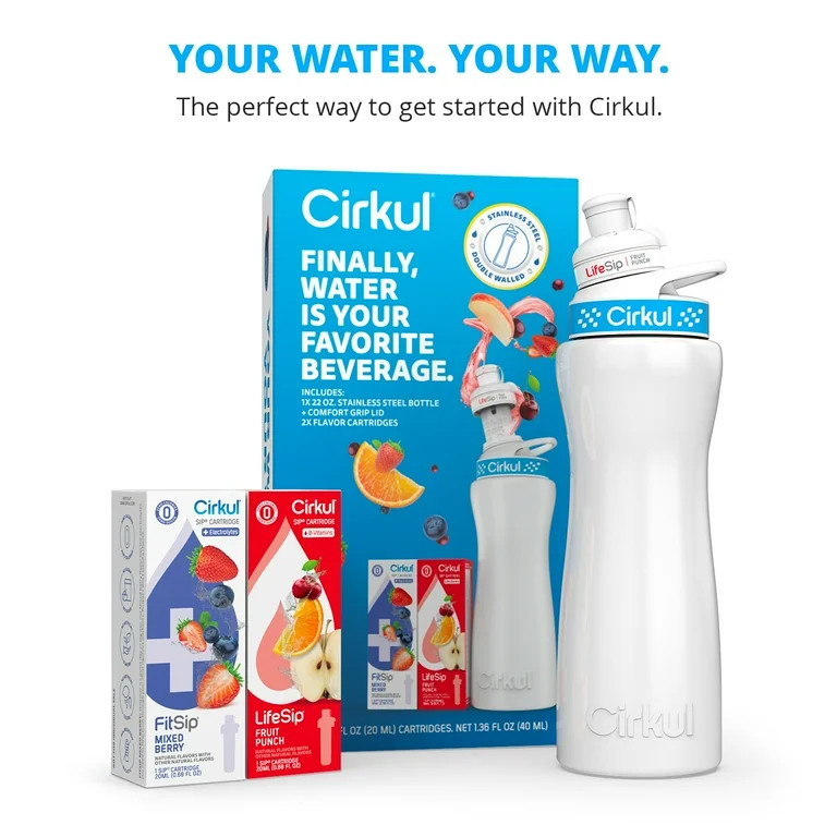 Cirkul 22oz White Stainless Steel Water Bottle Starter Kit with Blue Lid and 2 Flavor Cartridges ... | Walmart (US)