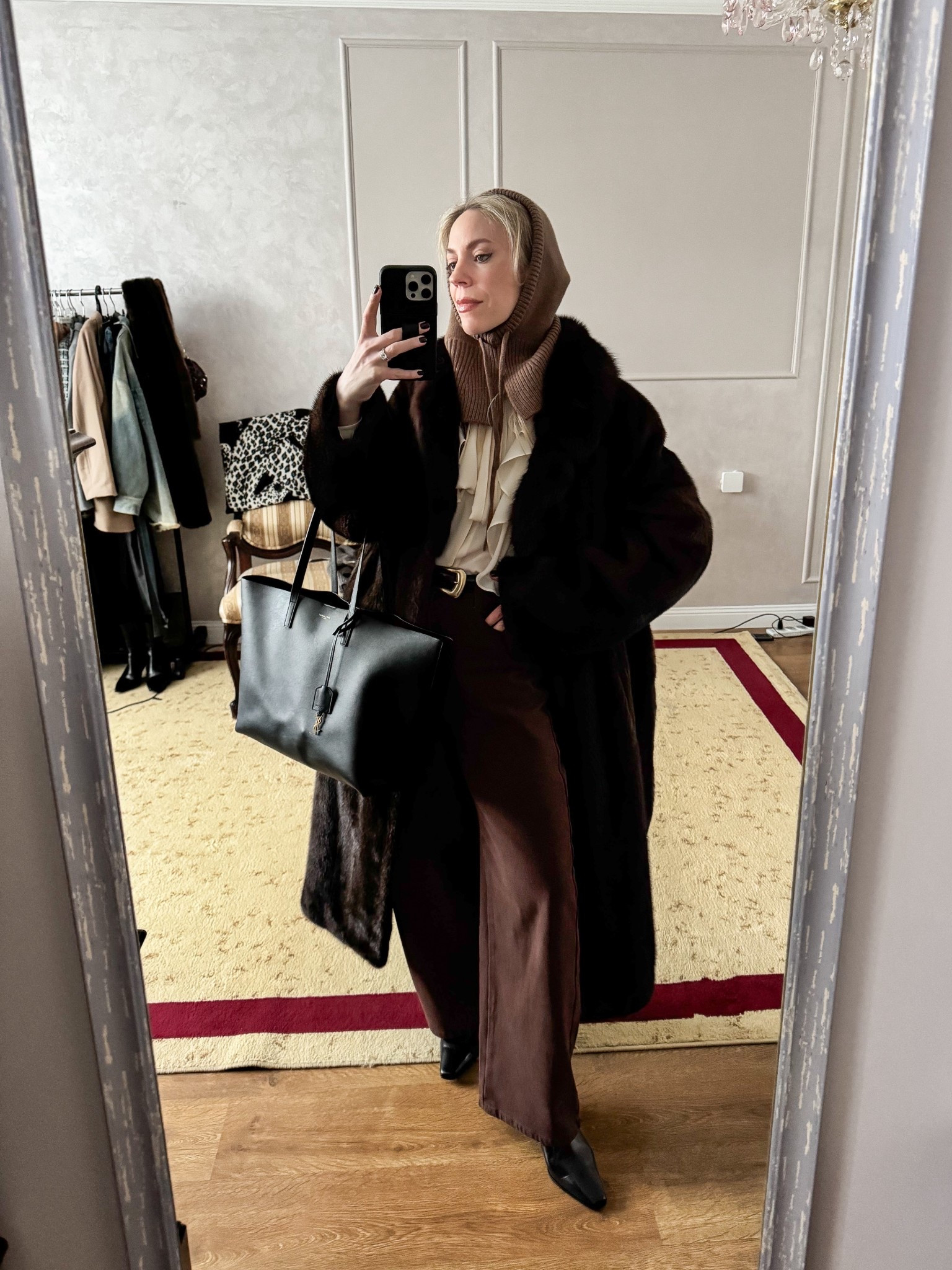 Workwear look, balaclava, chocolate brown fur coat, brown jeans, black and brown outfit, Saint Laurent tote bag, office style 

#LTKWorkwear #LTKootd #LTKSeasonal
