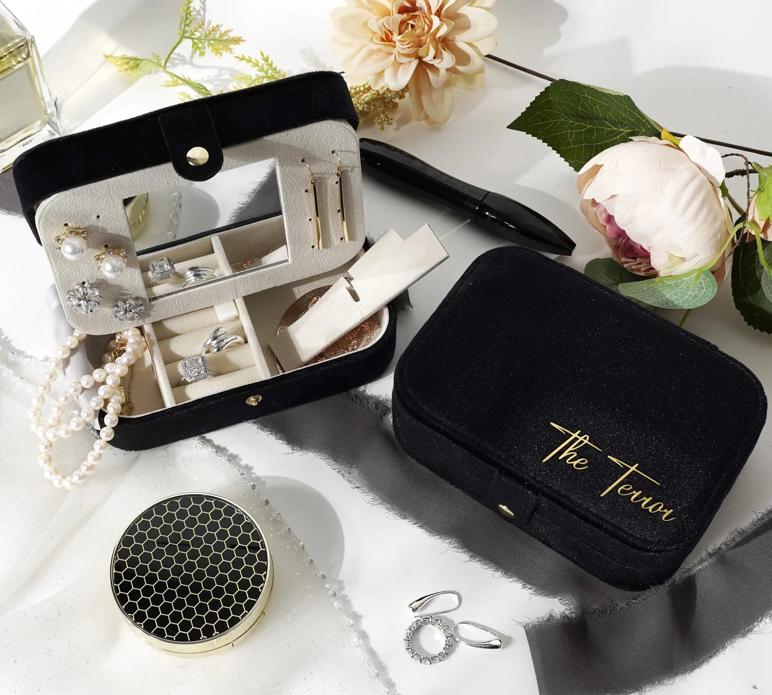 Travel Velvet Jewelry Box With Button Snap and Mirror, Christmas & Holiday Gift, Wedding Bridesma... | Etsy (US)