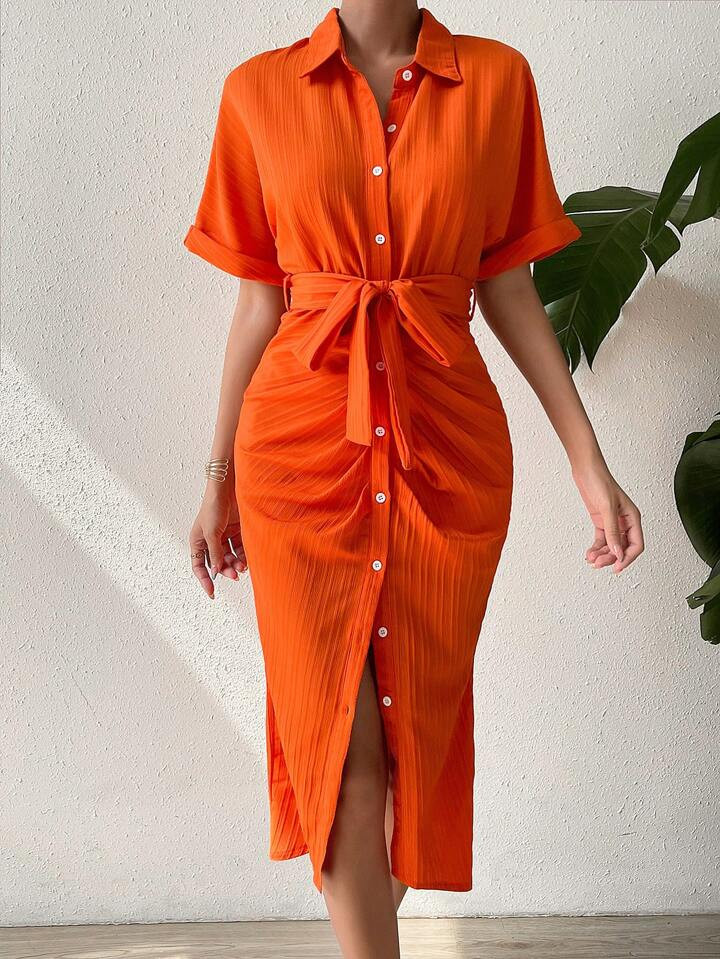 SHEIN Raffinéa Ruched Button Front Belted Shirt Dress | SHEIN USA | SHEIN
