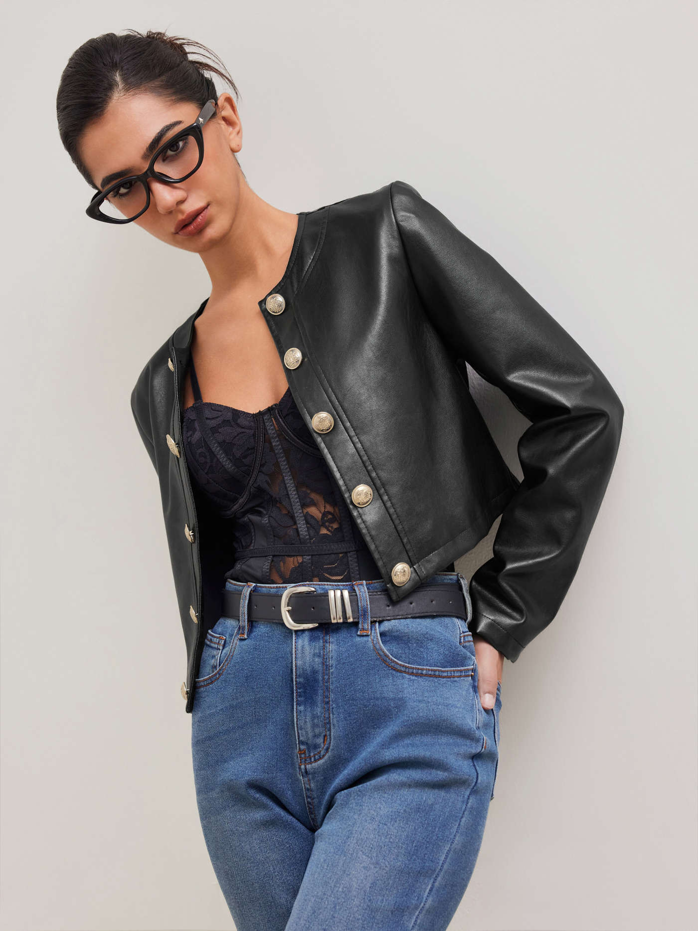 Faux Leather Faux Leather Round Neckline Solid Button Long Sleeve Jacket For Date | Cider