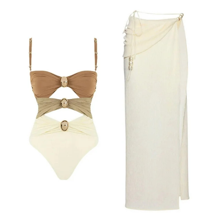 Flaxmaker Women One Piece Swimsuit Set Color Block Cutout Padded Two Piece Bathing Suit Swimwear | Walmart (US)