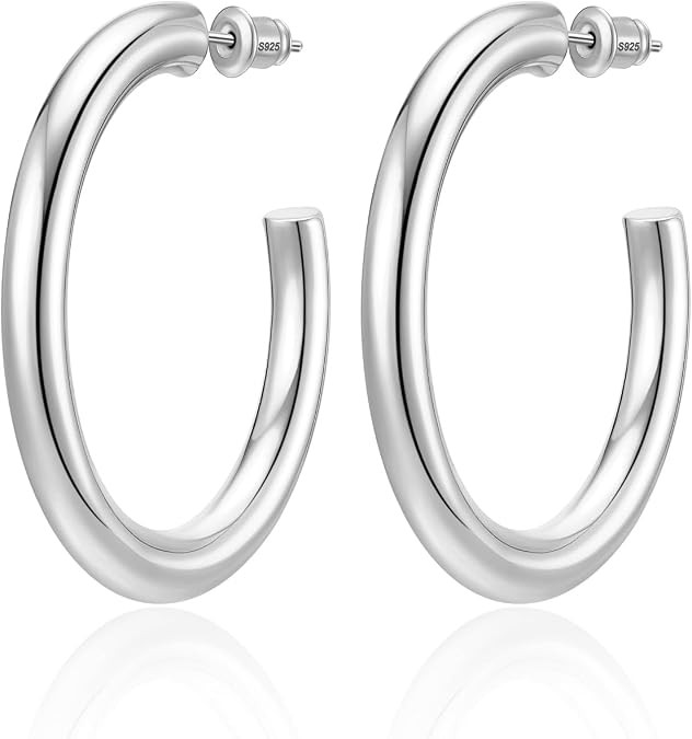 Hoop Earrings for Women, 14K Gold Plated/Silver Chunky Hoop Earring Hypoallergenic Sterling Silve... | Amazon (US)
