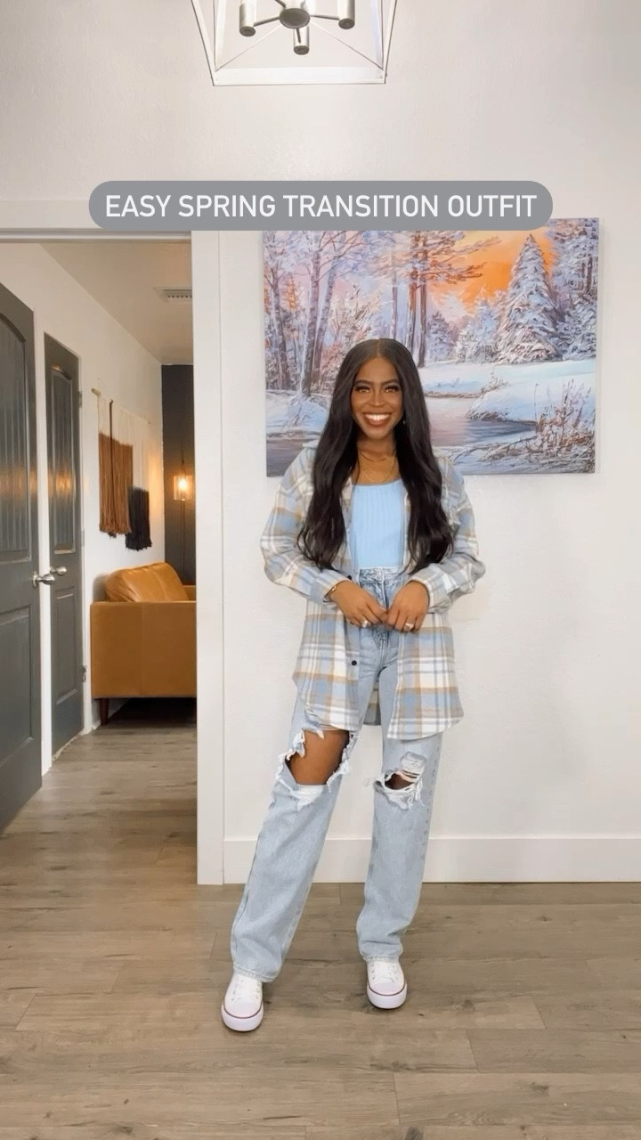 Top: Wearing a small, has some stretch and comfortable material. •Flannel: Wearing a small, oversized fit, functional buttons and two chest pockets. •Jeans: I am 5’4” wearing a 25 and true denim. •Shoes: I went down one size. 

#LTKstyletip #LTKsalealert #LTKSeasonal