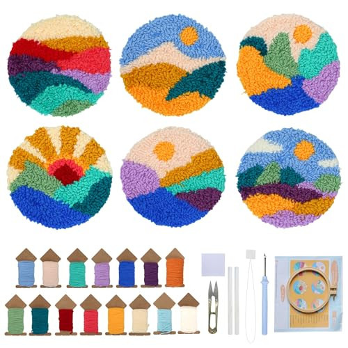 ERNTRNL Punch Needle Kits for Adults Beginner - Punch Needle Coasters Embroidery Kit, 6 Pattern DIY Punch Stitching Kit with Tools, Yarns, Hoop, Instruction (Circular) | Amazon (US)