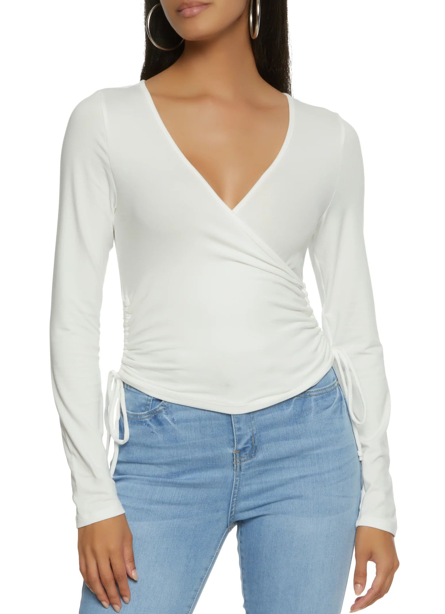 Solid Ruched Long Sleeve Wrap Top  - White | Rainbow Shops